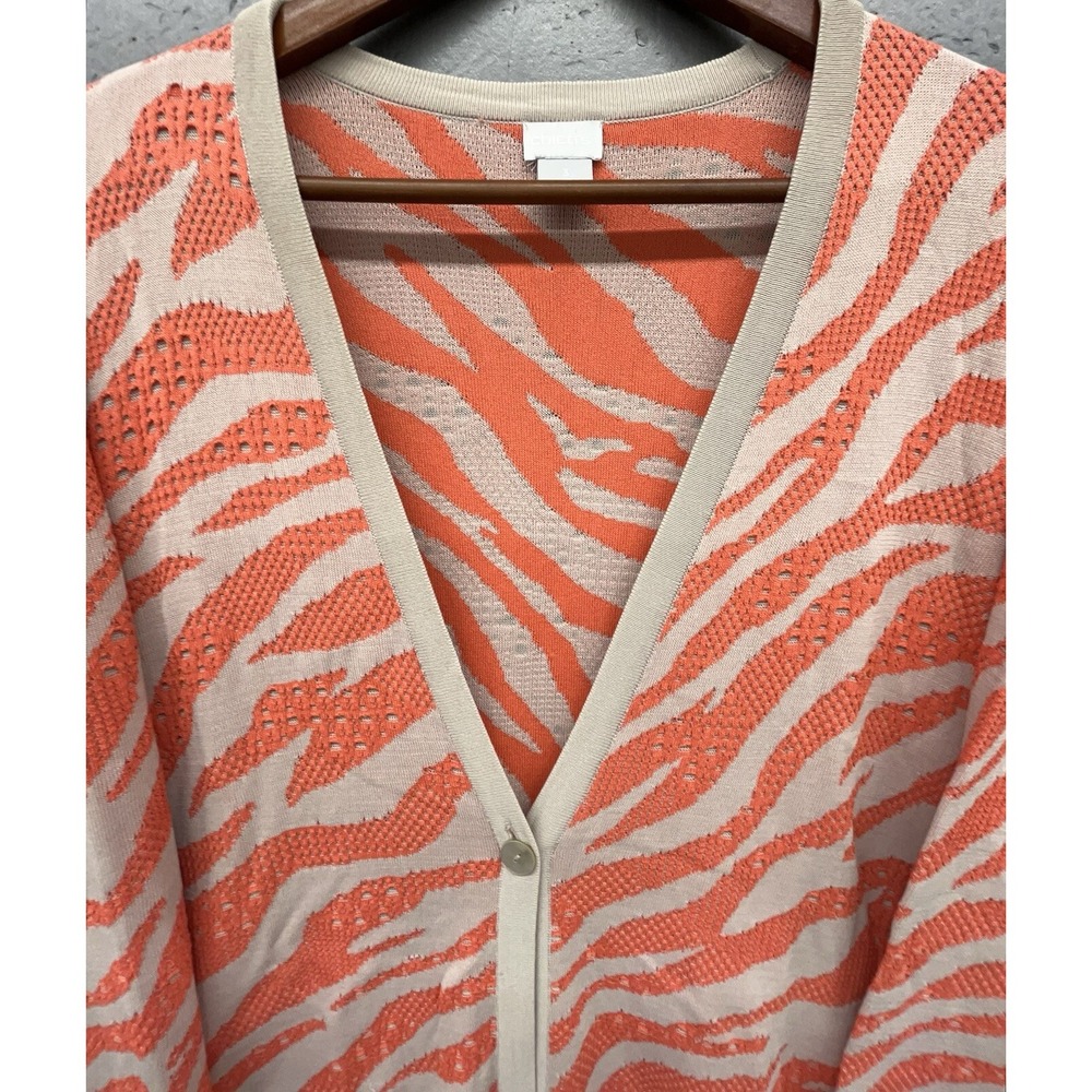 Chicos Sweater 3 US XL Orange Beige Zebra Animal Long Cardigan Stretchy Artsy - Picture 2 of 10